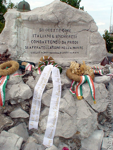 Koszorúnkra ezt írtuk: „az itt elesett és a halálban testvérekké lett olasz és magyar katonák emléke előtt tisztelegve 