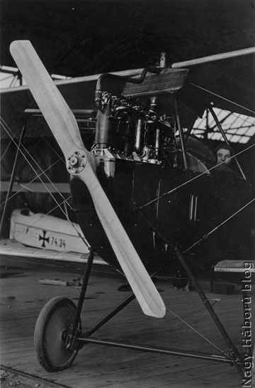 Egy fiatal pilóta és gépe, a háttérben egy Lohner B. II