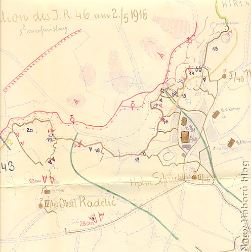 A szegedi 46-os gyalogezred állásai 1916. május 2-án San Martinótól nyugatra