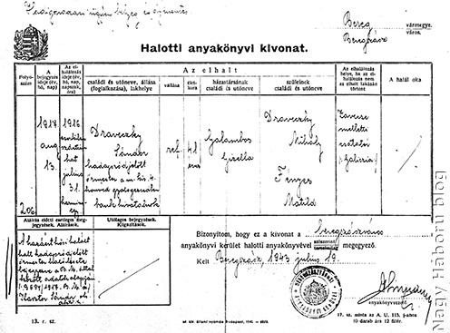 Drávetzky Sándor halotti anyakönyvi kivonata