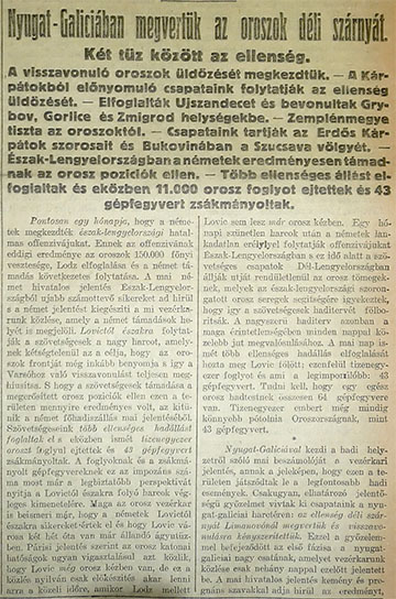 Részlet a Pesti Hírlap 1914. december 14-ei számának címlapjáról
