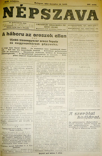 A Népszava 1914. december 14-ei számának címlapja