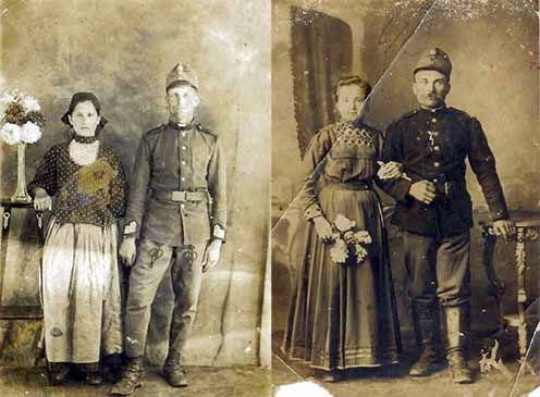 „Rosseb”-bakák bevonuláskor: a bal oldali képen Jancsikics Mihály és felesége, Nyári Rozália, a jobb oldalin Molnár Károly, valamint felesége, Szárnyasi Ilona látható 1914-ből