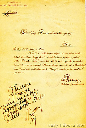 1916-os jegyzőkönyv arról, hogy Ernster Jenő honvéd a Munkácsy kávéházban kapta a nemi baját