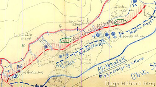A 7-8-9-10-11-es védőszakasz a korabeli térképen 1916 augusztusában