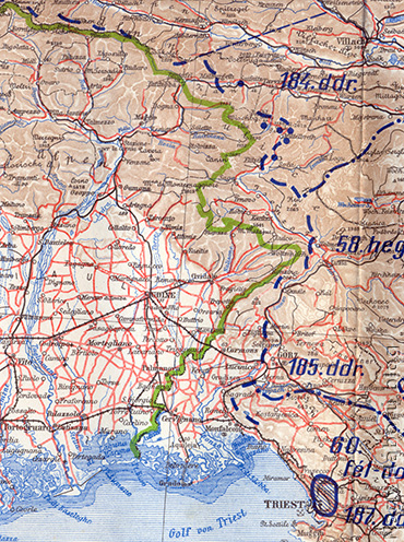 Olaszország és az Osztrák-Magyar Monarchia határtérsége az Isonzónál korabeli térképen