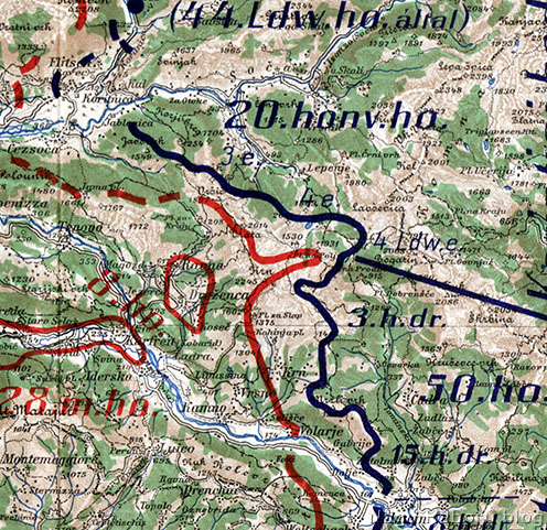 Harctéri helyzet az első isonzói csata után Tolmeintől Flitschig. Az 1915. július 6-ai állapotokat mutató térképen pirossal jelölve az olasz, kékkel az osztrák-magyar védelmi vonal. A Krn térségében jól megfigyelhető az olasz betörés. 