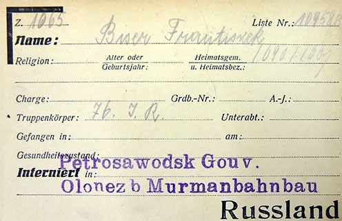Bizzer Ferenc hadifogoly-kartonja