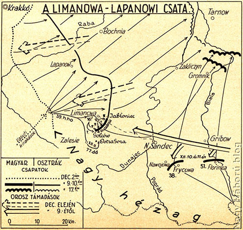 A limanova-lapanovi csata vázlata, amelyen jól látható a 39. honvéd hadosztály és a kötelékéhez tartozó 16-os honvéd ezred átcsoportosítása