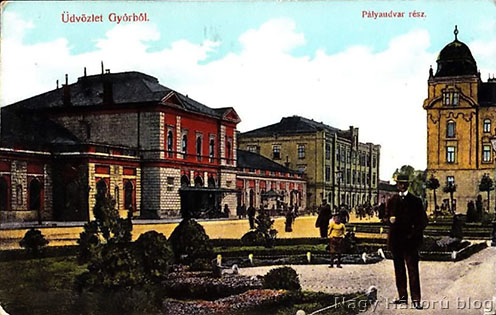 Győr és a pályaudvar részlete egy 1910-es évekbeli képeslapon