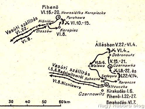 Részlet a 29-esek hadiútja térképből, 1916. I. 5. – 1916. VI. 8.