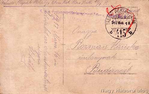 A levelezőlap átirata: „1917 Márcz. 16 án. Üdvözlet az olasz harcztérről sógora Mihály”