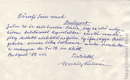 Borbély Kálmán 1987. július 3-án kelt levele Rózsafi Jánoshoz
