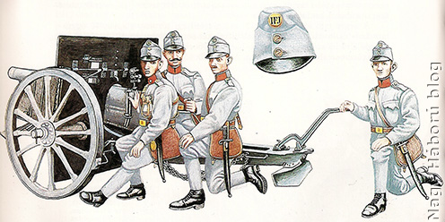 1905 mintájú tábori ágyú és csukaszürkébe öltöztetett kezelőszemélyzete