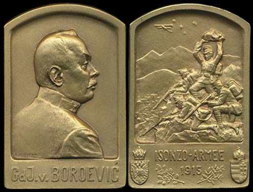 Svetozár Borevič von Bojna gyalogsági tábornok az Isonzó hadsereg 1915-ös bronz plakettjén
