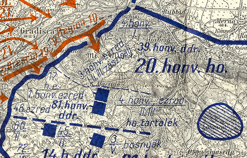 Harctéri helyzet a Doberdó-fennsík északi részén a 2. isonzói csata kezdetén (1915. június 18.). A kép jobb alsó sarkában látható Oppachiasella, ahol az események játszódnak