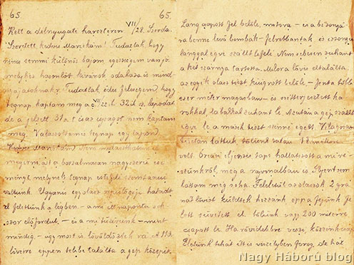 Sárközy Gergely a repülőgép lelövésének az esetét a feleségének 1915. július 28-án írt 65. számú levelében is részletesen megörökítette. A levél vonatkozó két oldalának átiratát alább közöljük. A két szöveg nagyfokú hasonlósága jelzi, hogy a visszaemlékezés írásakor a szerző fronton írt naplói mellett a levelezését is felhasználta.